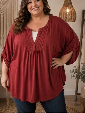 Woman Within 5X 38/40 Rust Red Pintuck Roll Tab Plus Size Tunic